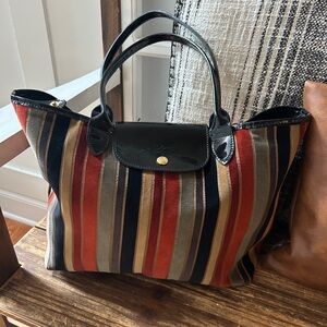 Longchamp Paris Rare Velour Striped Le Pliage Medium Tote Bag Black Patent